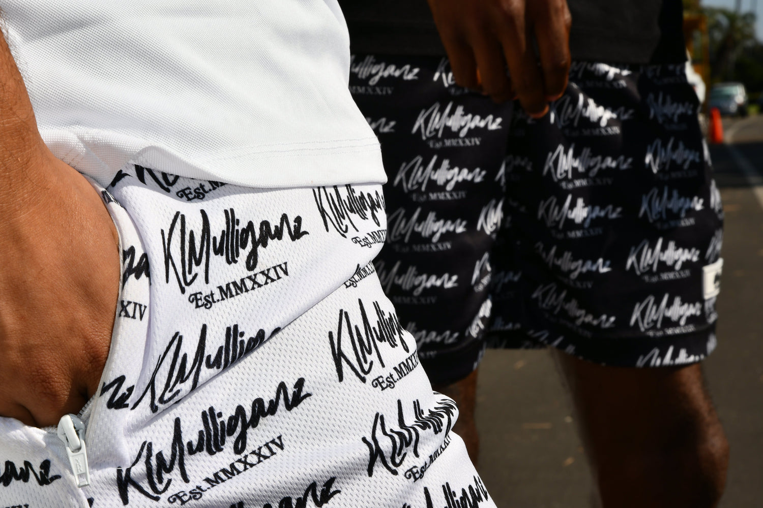 Close-up of KLMulliganz lifestyle golf apparel, featuring premium branded shorts with signature logo, perfect for both the golf course and everyday wear.